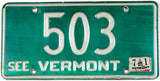 Classic 1971 Vermont car license plate low DMV # of 503 grading very good plus