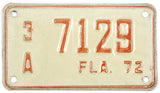 An unused classic NOS 1972 Florida Motorcycle License Plate for sale by Brandywine General Store in very good plus condition