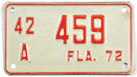An unused classic NOS 1972 Florida Motorcycle License Plate for sale by Brandywine General Store in excellent minus condition