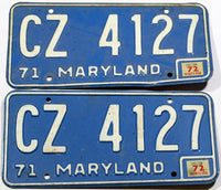 A classic pair of 1972 Maryland passenger car license plates for sale at Brandywine General Store in very good condition