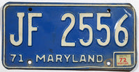 A single classic 1972 Maryland Passenger Car License Plate for sale by Brandywine General Store in very good minus condition with bends