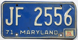 A single classic 1972 Maryland Passenger Car License Plate for sale by Brandywine General Store in very good minus condition with bends