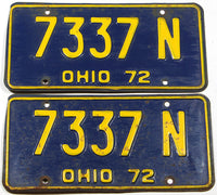 A pair of 1972 Ohio Car License Plates for sale by Brandywine General Store in good plus condition
