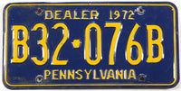 A classic 1972 Pennsylvania dealer license plate for sale by Brandywine General Store in very good condition
