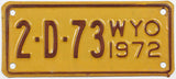A 1972 Wyoming motorcycle dealer license plate for sale by Brandywine General Store in excellent minus condition wiht envelope