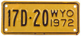 A 1972 Wyoming motorcycle dealer license plate for sale by Brandywine General Store in excellent minus condition