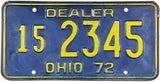 Classic 1972 Ohio single dealer license plate grading very good