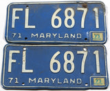 A classic pair of 1973 Maryland passenger car license plates in very good minus condition with bolt