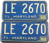 A classic pair of 1973 Maryland passenger car license plates for sale at Brandywine General Store in very good condition