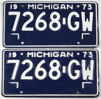 A pair of New Old Stock 1973 Michigan Commercial License Plates for sale by Brandywine General Store in excellent condition