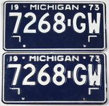 A pair of New Old Stock 1973 Michigan Commercial License Plates for sale by Brandywine General Store in excellent condition