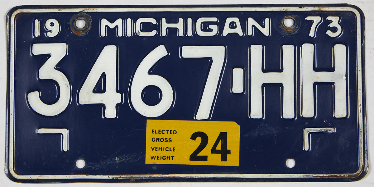 A 1973 Michigan weighted truck License Plate for sale by Brandywine General Store in very good plus condition