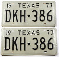 A pair of classic new old stock 1973 Texas car license plates for sale by Brandywine General Store in unused excellent minus condition