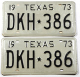 A pair of classic new old stock 1973 Texas car license plates for sale by Brandywine General Store in unused excellent minus condition