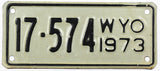 A classic 1973 Wyoming motorcycle license plate for sale by Brandywine General Store County #17