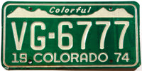 A single 1974 Colorado Passenger Car License Plate for sale by Brandywine General Store in very good plus condition