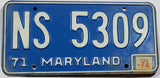 A classic 1974 Maryland Passenger Car License Plate for sale by Brandywine General Store in very good plus condition