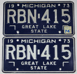 A pair of classic 1974 Michigan Car License Plates for sale by Brandywine General Store in excellent minus condition