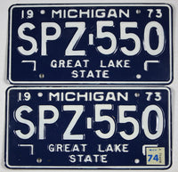 A pair of classic 1974 Michigan Car License Plates for sale by Brandywine General Store in excellent condition