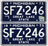 A pair of classic 1974 Michigan Car License Plates for sale by Brandywine General Store in excellent minus condition