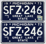 A pair of classic 1974 Michigan Car License Plates for sale by Brandywine General Store in excellent minus condition