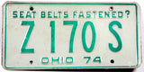 A classic single 1974 Ohio car license plate for sale by Brandywine General Store in very good condition