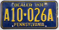 A 1974 Pennsylvania dealer license plate for sale by Brandywine General Store in very good condition