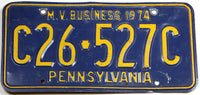 A 1974 Pennsylvania MV Business license plate for sale by Brandywine General Store in very good condition with bends