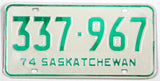 A classic 1974 Saskatchewan Canada passenger car license plate for sale by Brandywine General Store in excellent minus condition