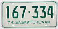 A classic 1974 Saskatchewan Canada passenger car license plate for sale by Brandywine General Store in excellent condition