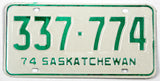 A classic 1974 Saskatchewan Canada passenger car license plate for sale by Brandywine General Store in excellent condition