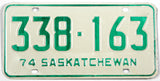 A classic 1974 Saskatchewan Canada passenger car license plate for sale by Brandywine General Store in excellent condition