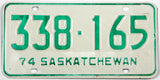 A classic 1974 Saskatchewan Canada passenger car license plate for sale by Brandywine General Store in excellent minus condition