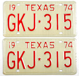 A pair of classic 1974 Texas passenger car license plates for sale by Brandywine General Store in excellent minus condition