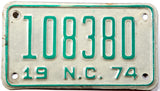1974 North Carolina motorcycle license plate grading very good