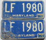 A classic pair of 1975 Maryland passenger car license plates for sale by Brandywine General Store in good condition