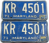 A classic pair of 1975 Maryland passenger car license plates for sale by Brandywine General Store in very good minus condition with bends