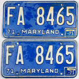 A pair of 1975 Maryland license plates in very good minus condition with splotchy  paint