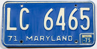 A single classic 1975 Maryland Passenger Car License Plate for sale by Brandywine General Store in very good plus condition