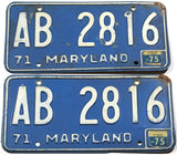 A classic pair of 1975 Maryland passenger car license plates for sale by Brandywine General Store in very good minus condition