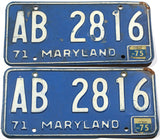 A classic pair of 1975 Maryland passenger car license plates in very good minus condition