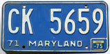 A single classic 1975 Maryland Passenger Car License Plate for sale by Brandywine General Store in very good condition