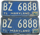 A classic pair of 1975 Maryland passenger car license plates for sale by Brandywine General Store in very good minus condition