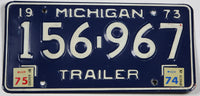 A classic 1975 Michigan Trailer License Plate for sale by Brandywine General Store in excellent minus condition