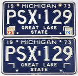 A pair of classic 1975 Michigan Car License Plates for sale by Brandywine General Store in very good plus condition