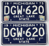 A pair of classic 1975 Michigan Car License Plates for sale by Brandywine General Store in excellent minus condition