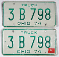 A classic pair of 1975 Ohio truck license plates for sale by Brandywine General Store in excellent minus condition with minor bending