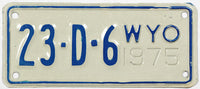 A 1975 Wyoming motorcycle dealer license plate for sale by Brandywine General Store in excellent minus condition