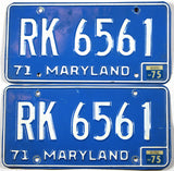 classic pair of 1975 Maryland passenger car license plates grading very good