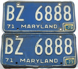 A classic pair of 1975 Maryland passenger car license plates in very good minus condition